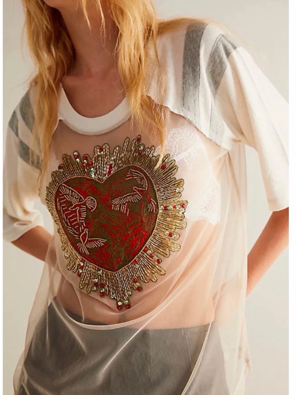 We The Free Hearts on Fire Tee with Embellished Red & Gold Heart - Sz XS